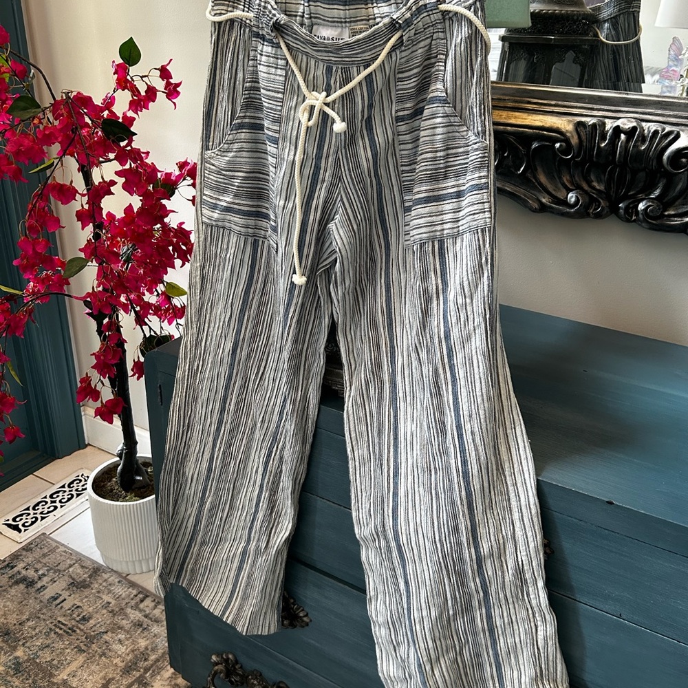 Raya Sun Wide Leg Striped Shirt Cargo Pants - Blue/Gray/White Rope Belt Sz 28”